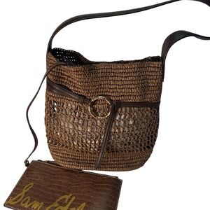 Sam Edelman Bucket Bag Womens Medium Brown Woven Straw Shoulder Bag with Pouch